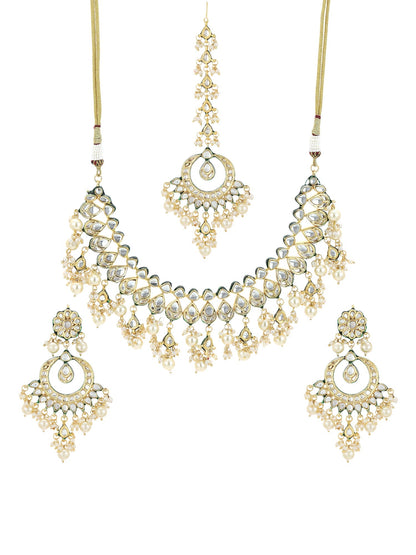 Gold-Polished Green Kundan-Studded Pearl Beaded Jewellery Set - Ruby Raang