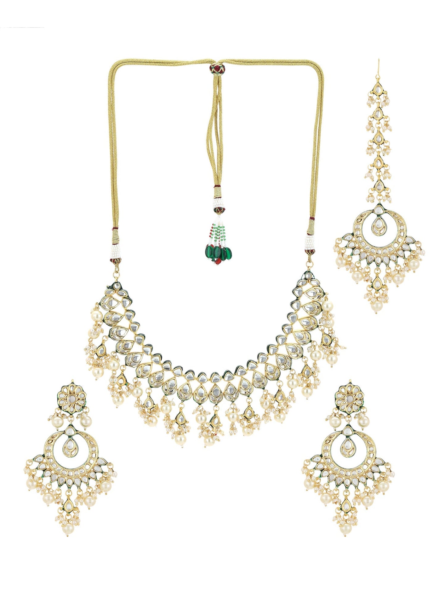 Gold-Polished Green Kundan-Studded Pearl Beaded Jewellery Set - Ruby Raang