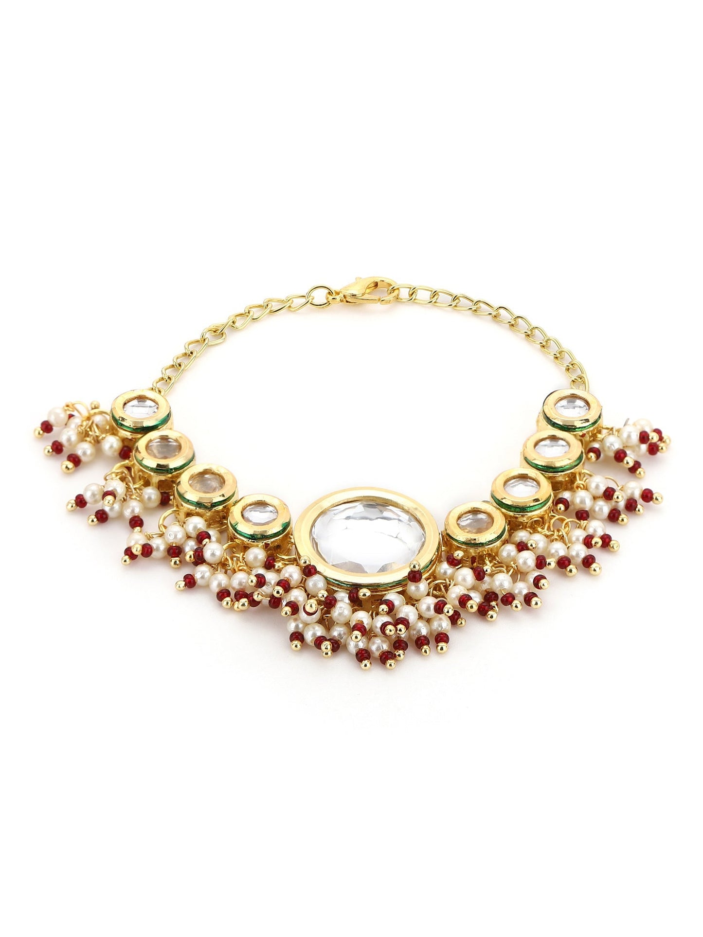 Women's Gold-Toned White Brass Kundan Gold-Polished Wraparound Bracelet - Ruby Raang