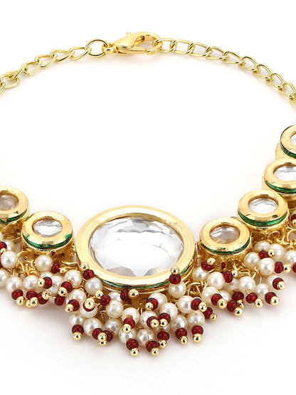 Women's Gold-Toned White Brass Kundan Gold-Polished Wraparound Bracelet - Ruby Raang