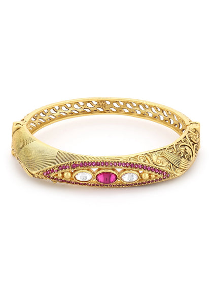 Women's Gold-Toned Pink Brass Kundan Handcrafted Gold-Polished Kada Bracelet - Ruby Raang