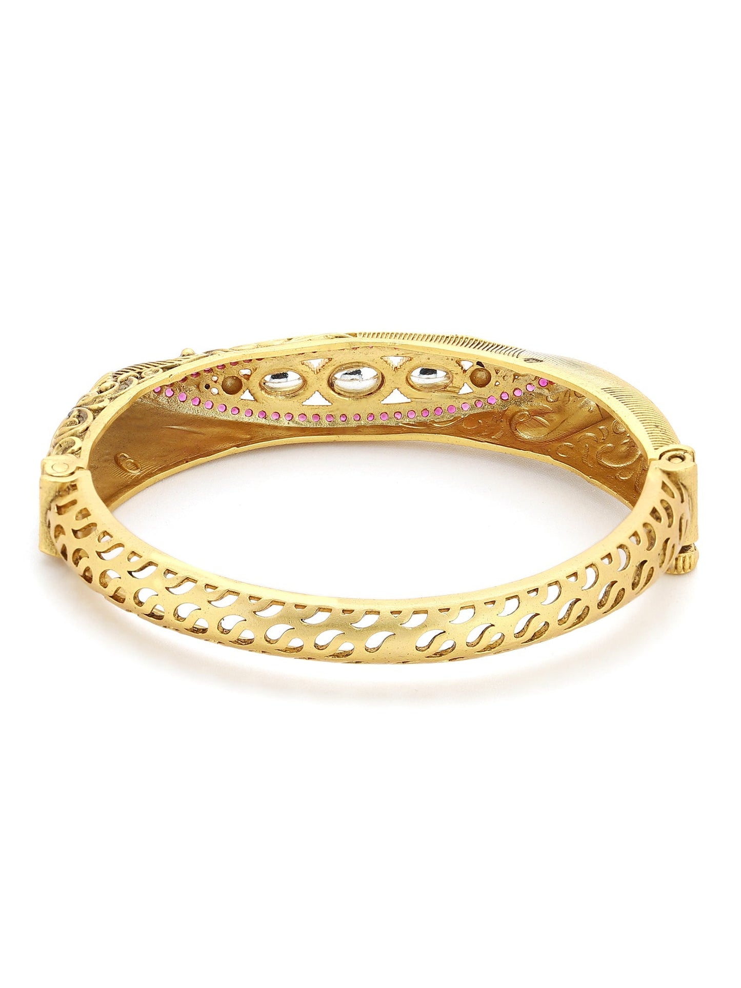 Women's Gold-Toned Pink Brass Kundan Handcrafted Gold-Polished Kada Bracelet - Ruby Raang