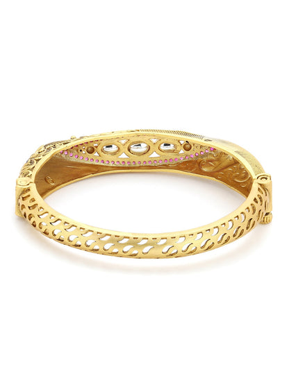 Women's Gold-Toned Pink Brass Kundan Handcrafted Gold-Polished Kada Bracelet - Ruby Raang