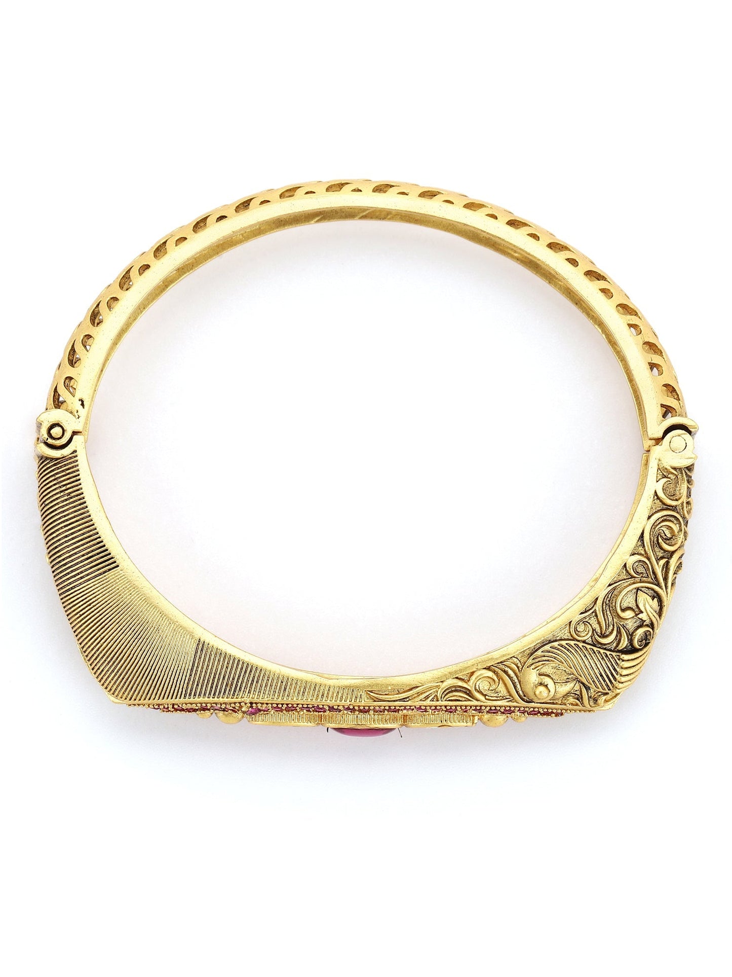 Women's Gold-Toned Pink Brass Kundan Handcrafted Gold-Polished Kada Bracelet - Ruby Raang