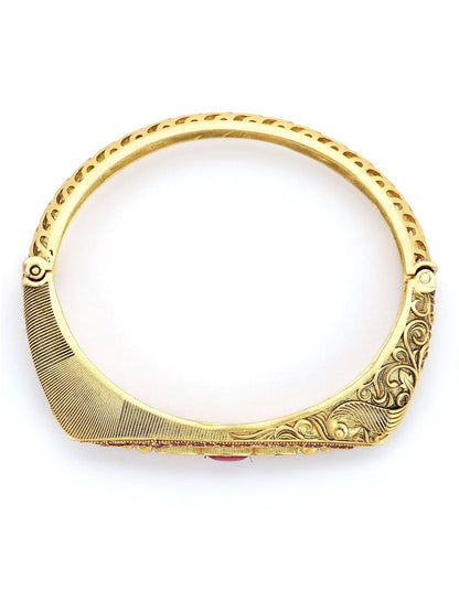 Women's Gold-Toned Pink Brass Kundan Handcrafted Gold-Polished Kada Bracelet - Ruby Raang