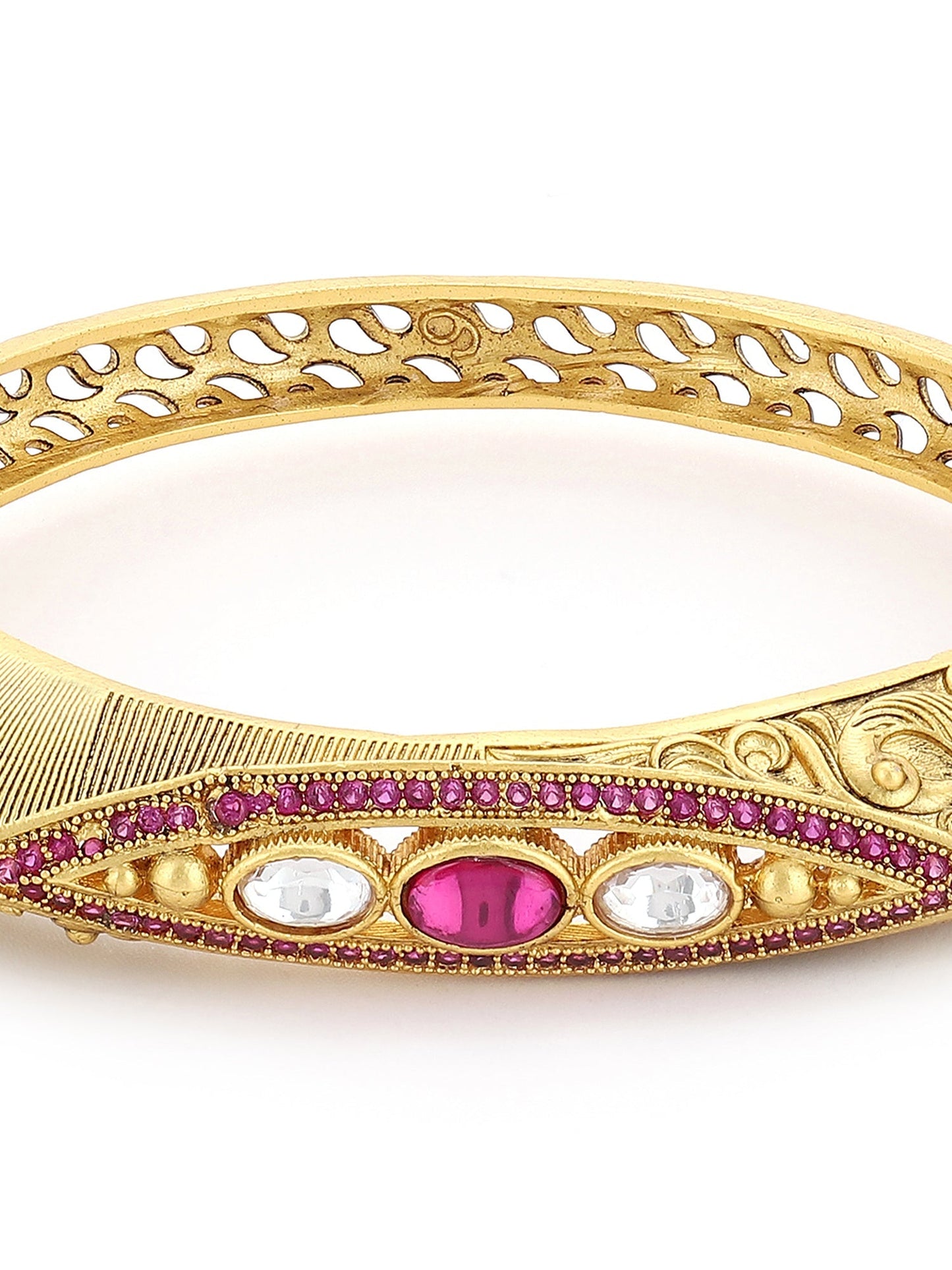 Women's Gold-Toned Pink Brass Kundan Handcrafted Gold-Polished Kada Bracelet - Ruby Raang