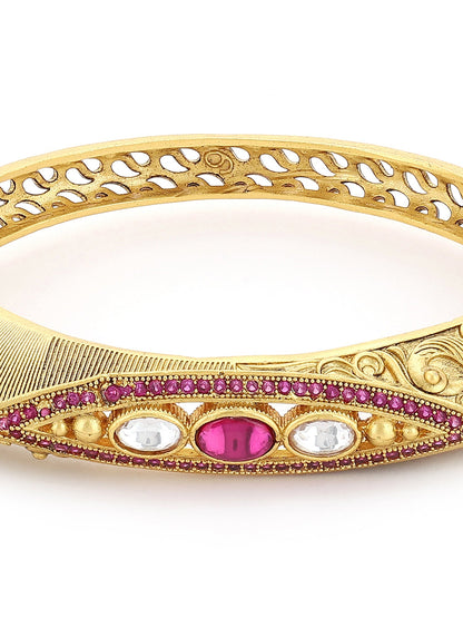 Women's Gold-Toned Pink Brass Kundan Handcrafted Gold-Polished Kada Bracelet - Ruby Raang