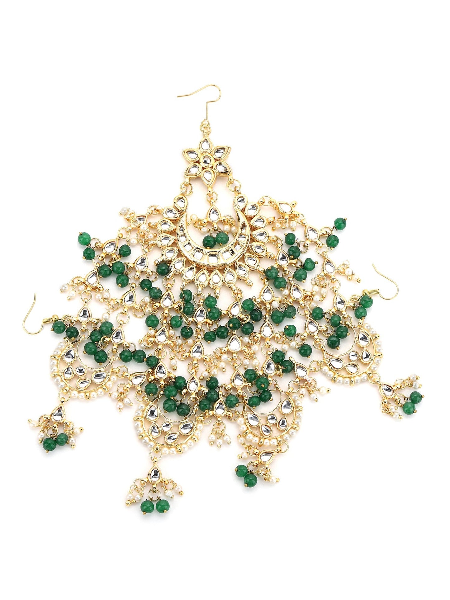 Gold-Polished White Green Kundan-Studded Beaded Jhoomar Passa - Ruby Raang