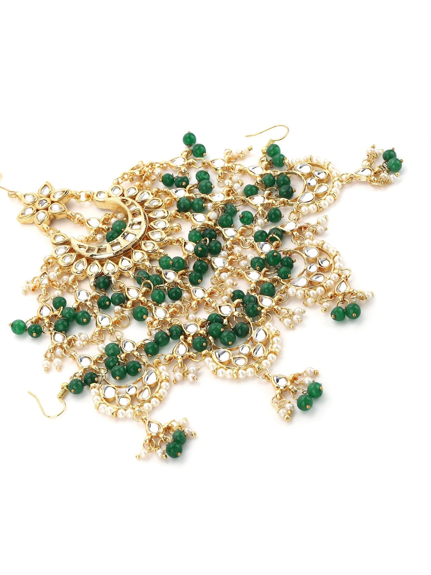 Gold-Polished White Green Kundan-Studded Beaded Jhoomar Passa - Ruby Raang
