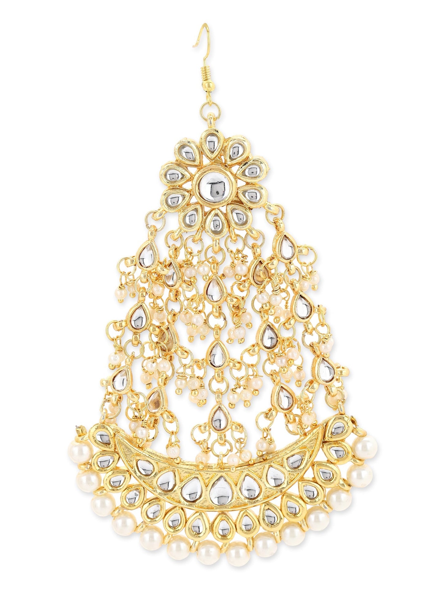 Gold-Polished White Kundan-Studded Beaded Handcrafted Jhumar Passa - Ruby Raang