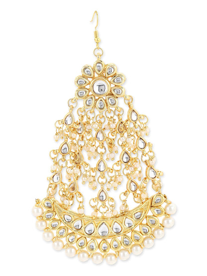Gold-Polished White Kundan-Studded Beaded Handcrafted Jhumar Passa - Ruby Raang