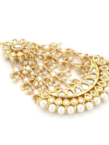 Gold-Polished White Kundan-Studded Beaded Handcrafted Jhumar Passa - Ruby Raang