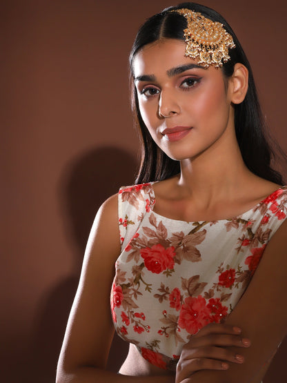 Women's Gold-Polished White Red Kundan-Studded Beaded Jhumar Passa - Ruby Raang