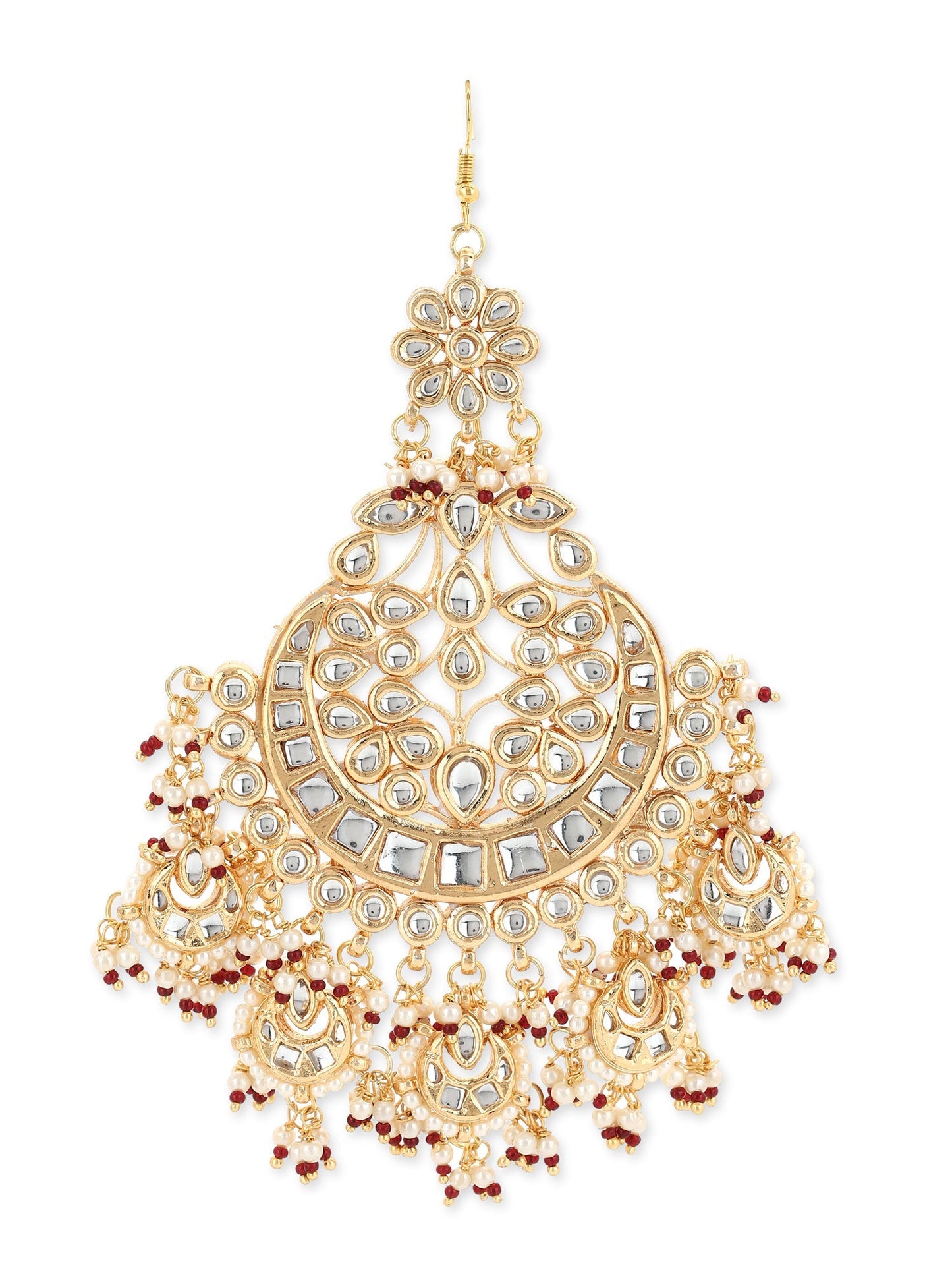Women's Gold-Polished White Red Kundan-Studded Beaded Jhumar Passa - Ruby Raang