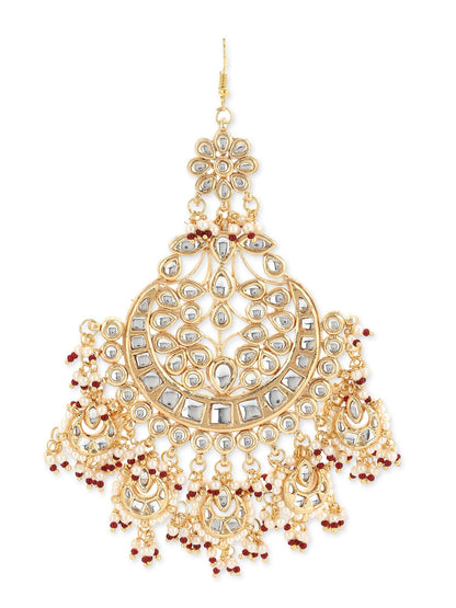 Women's Gold-Polished White Red Kundan-Studded Beaded Jhumar Passa - Ruby Raang