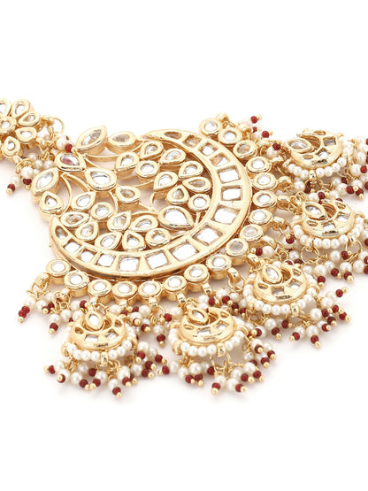 Women's Gold-Polished White Red Kundan-Studded Beaded Jhumar Passa - Ruby Raang
