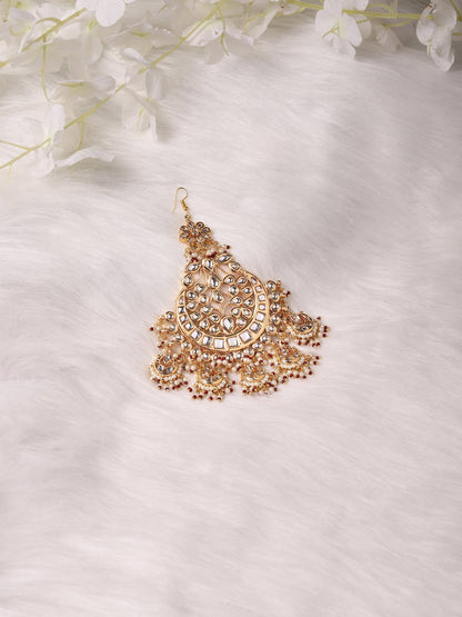 Women's Gold-Polished White Red Kundan-Studded Beaded Jhumar Passa - Ruby Raang