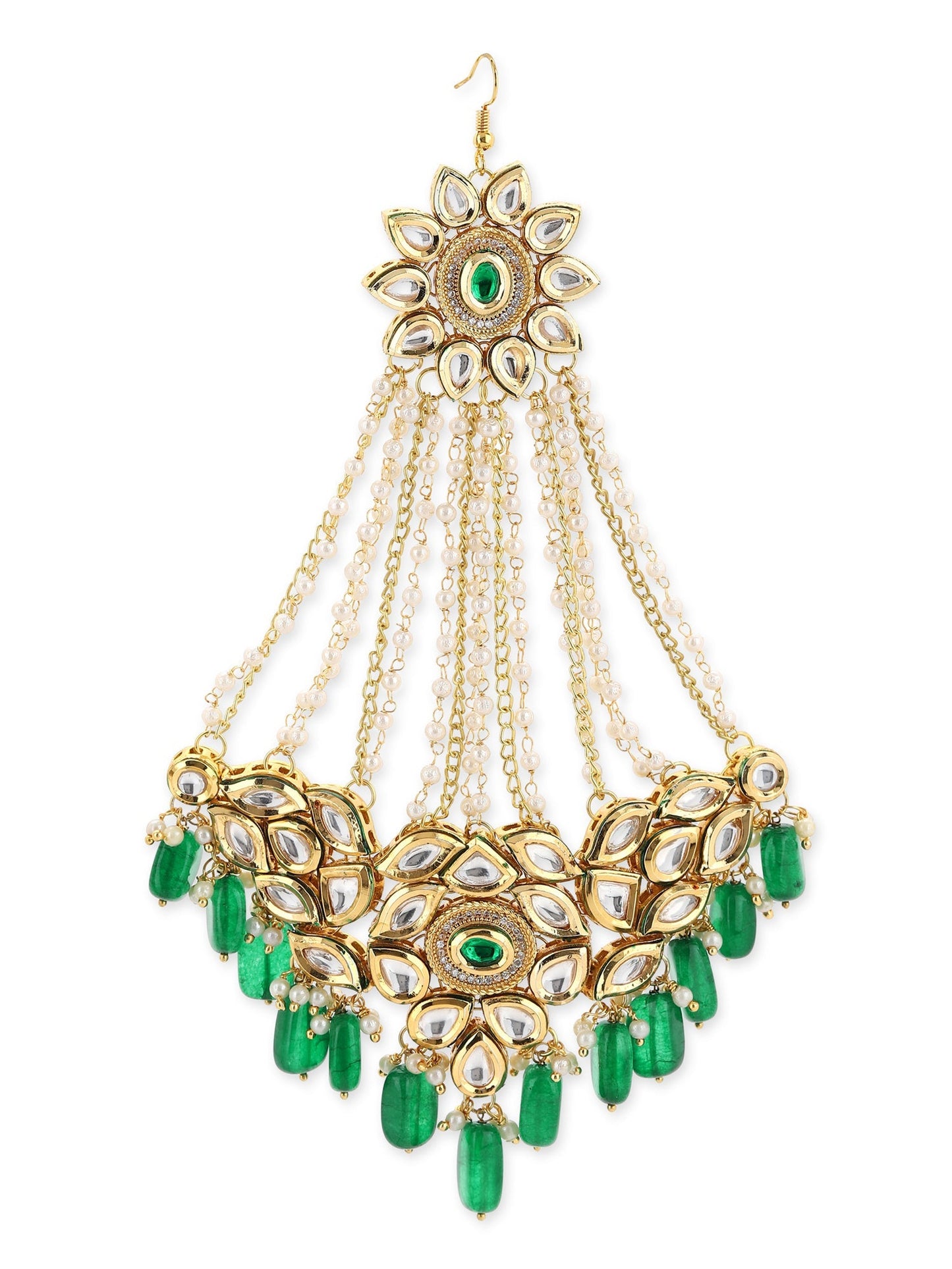 Gold-Polished Green White Kundan Studded Jhoomar Passa - Ruby Raang