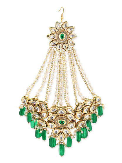 Gold-Polished Green White Kundan Studded Jhoomar Passa - Ruby Raang