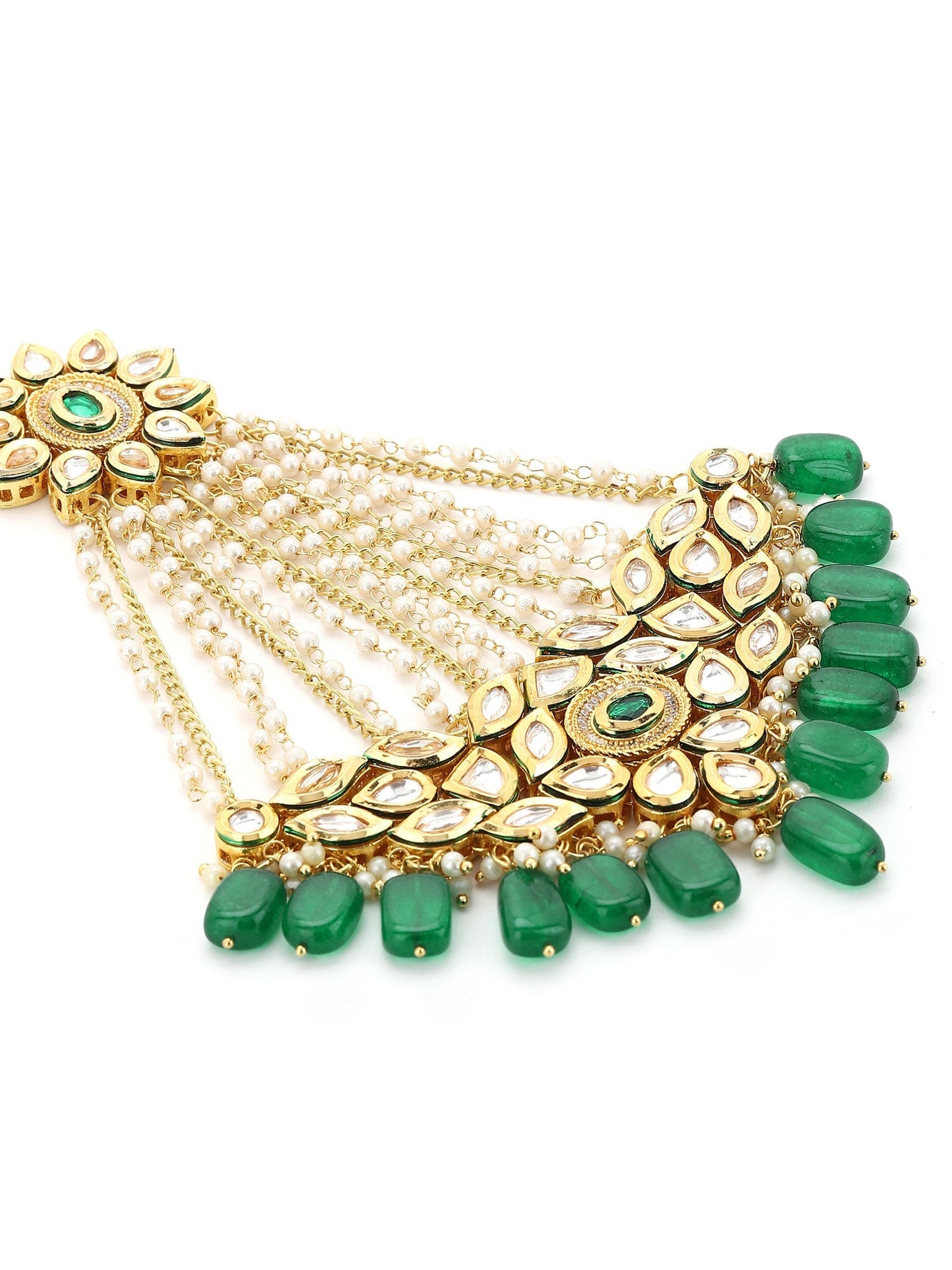 Gold-Polished Green White Kundan Studded Jhoomar Passa - Ruby Raang