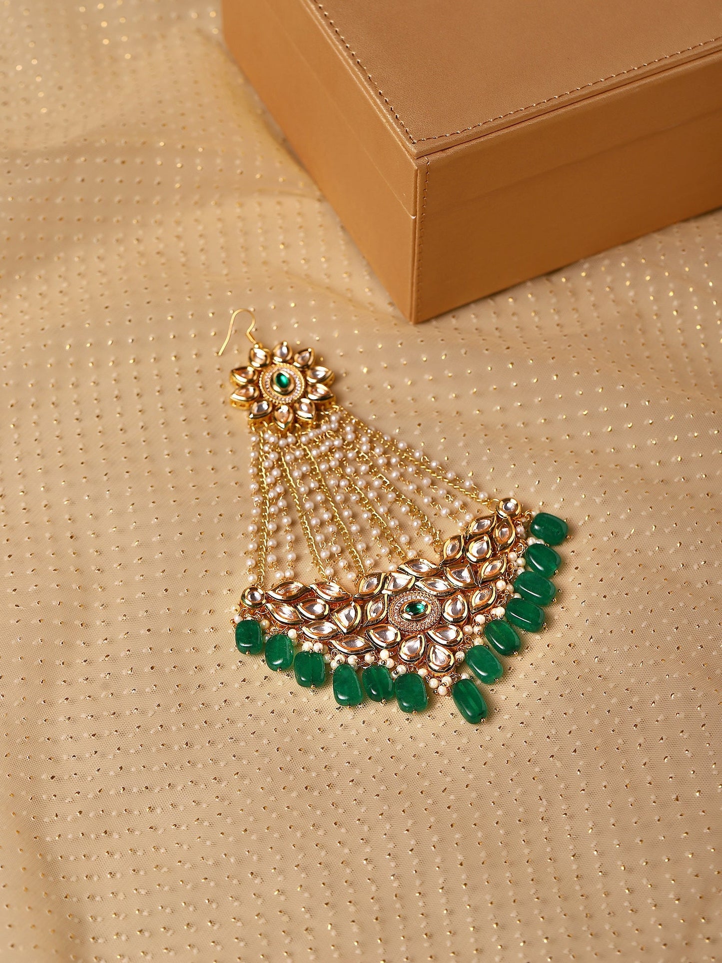 Gold-Polished Green White Kundan Studded Jhoomar Passa - Ruby Raang