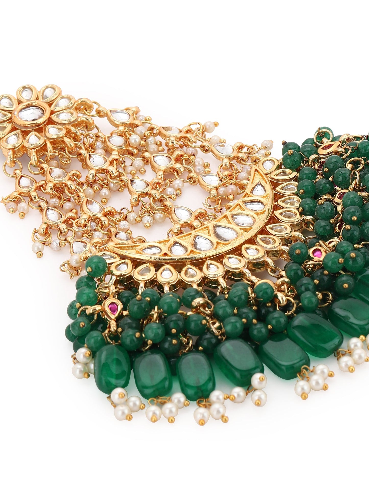 Gold-Polished Green White Kundan-Studded Jhumar Passa - Ruby Raang