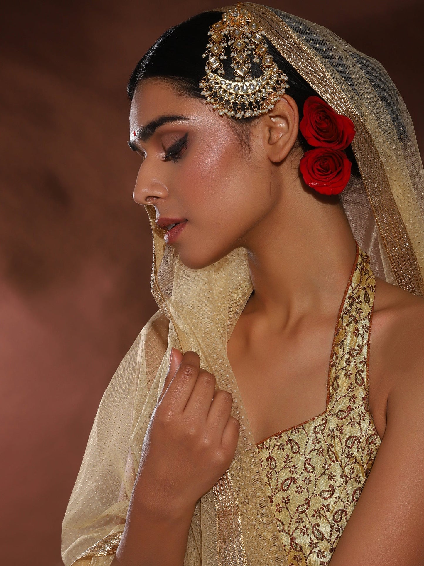 Gold-Polished White Gold Kundan-Studded Beaded Jhoomar Passa - Ruby Raang
