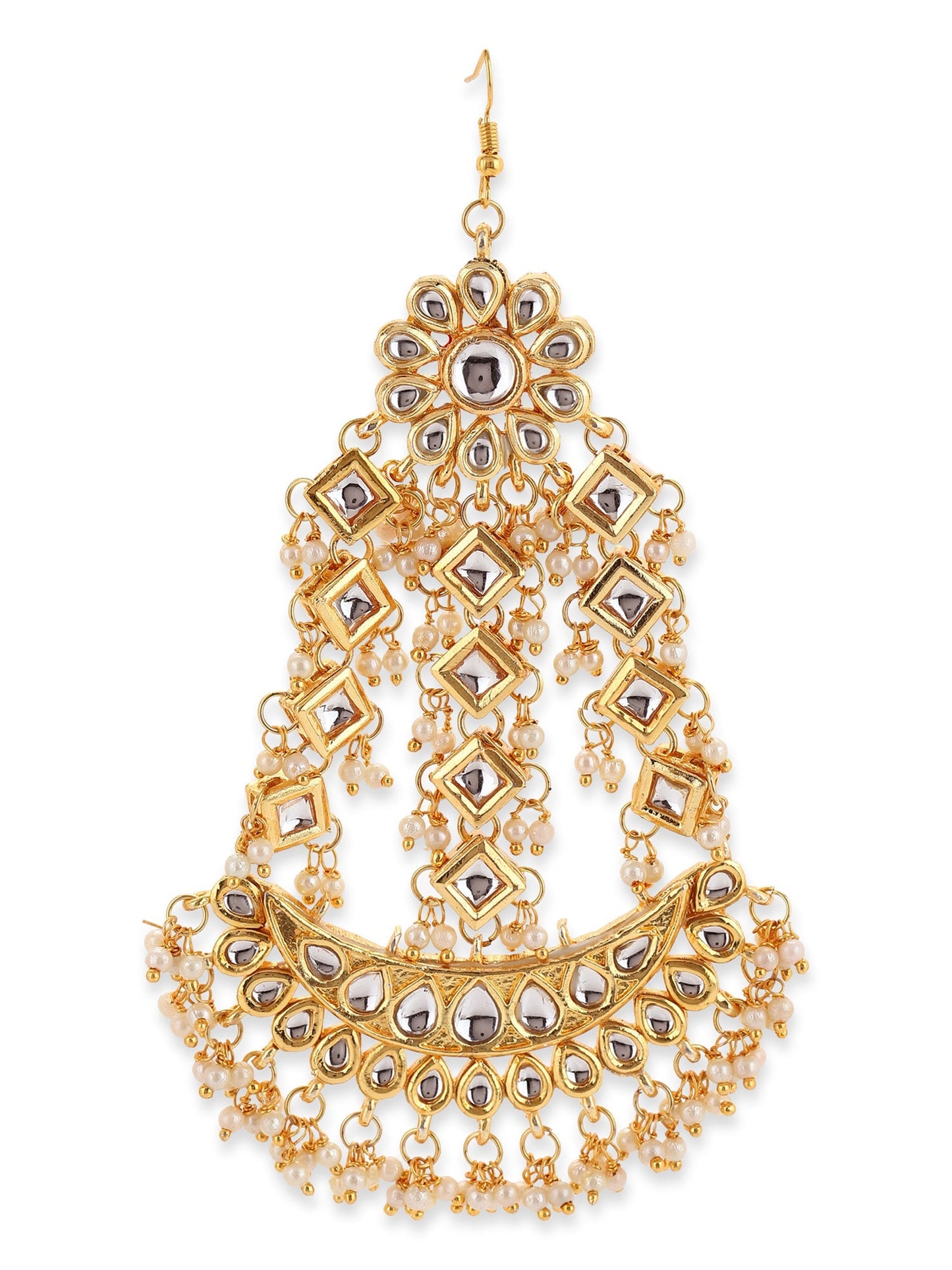 Gold-Polished White Gold Kundan-Studded Beaded Jhoomar Passa - Ruby Raang
