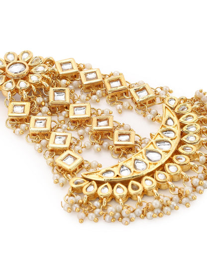 Gold-Polished White Gold Kundan-Studded Beaded Jhoomar Passa - Ruby Raang