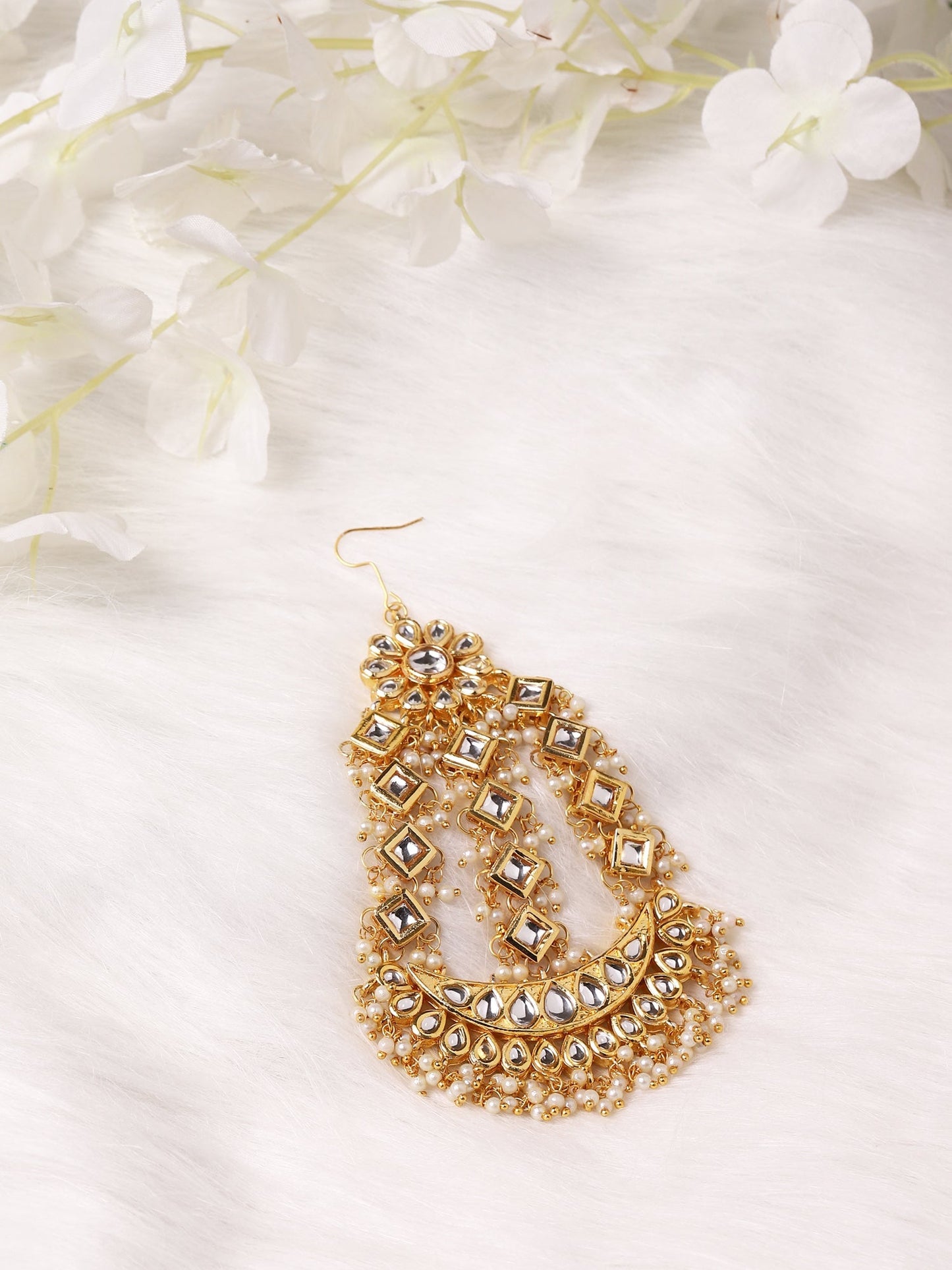 Gold-Polished White Gold Kundan-Studded Beaded Jhoomar Passa - Ruby Raang