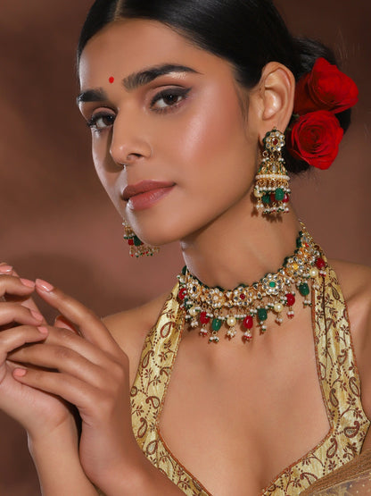 Gold-Polished Green White Kundan Stone-Studded Pearl-Beaded Jewellery Set - Ruby Raang