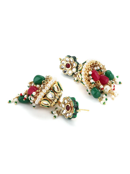 Gold-Polished Green White Kundan Stone-Studded Pearl-Beaded Jewellery Set - Ruby Raang