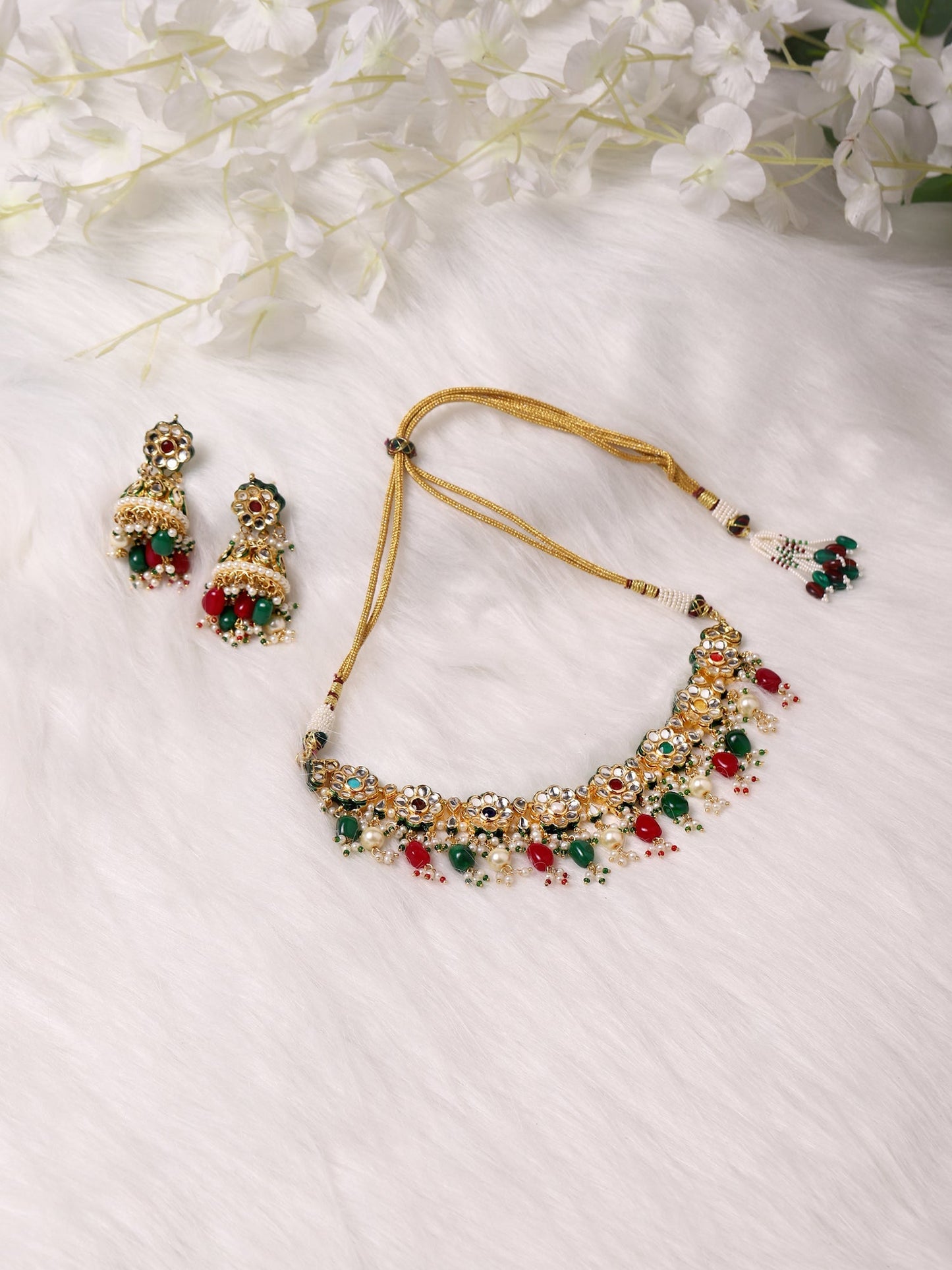 Gold-Polished Green White Kundan Stone-Studded Pearl-Beaded Jewellery Set - Ruby Raang