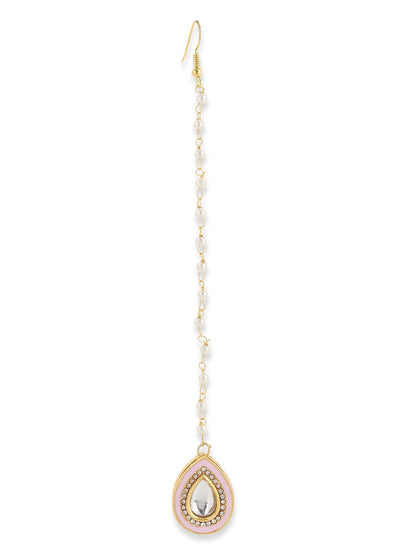Gold-Polished Pink Kundan Studded Maang Tikka - Ruby Raang