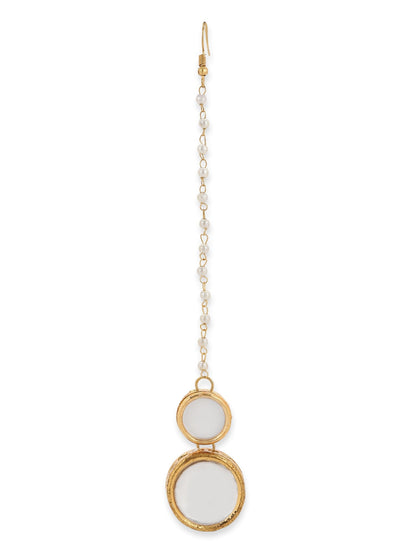 Gold-Polished White Kundan Studded Beaded Maang Tikka - Ruby Raang