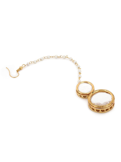 Gold-Polished White Kundan Studded Beaded Maang Tikka - Ruby Raang