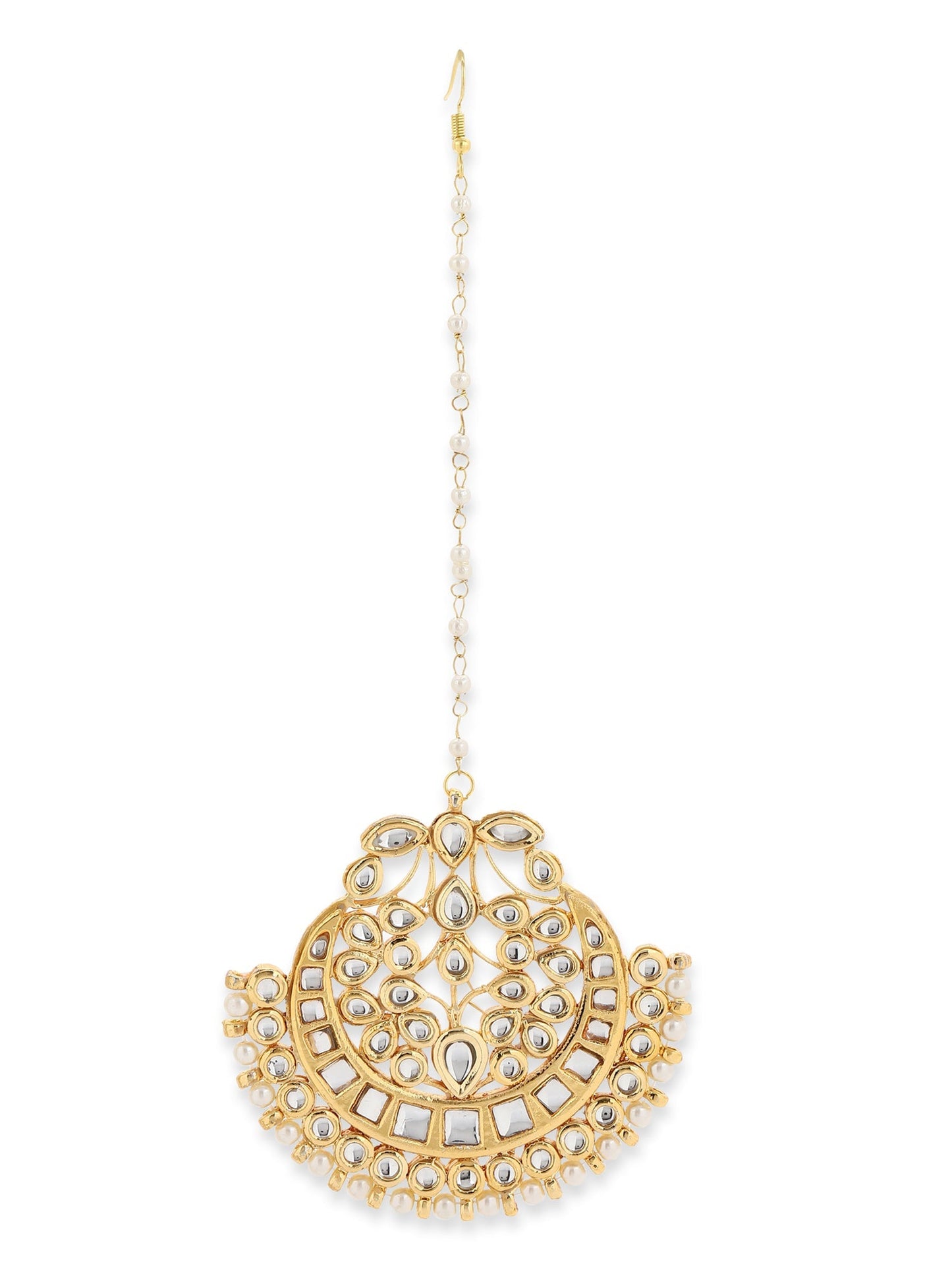 Gold-Polished White Kundan-Studded Maang Tikka - Ruby Raang