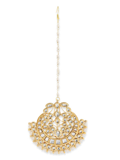 Gold-Polished White Kundan-Studded Maang Tikka - Ruby Raang