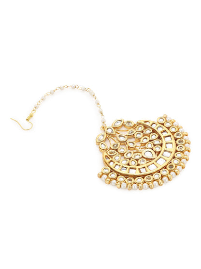 Gold-Polished White Kundan-Studded Maang Tikka - Ruby Raang