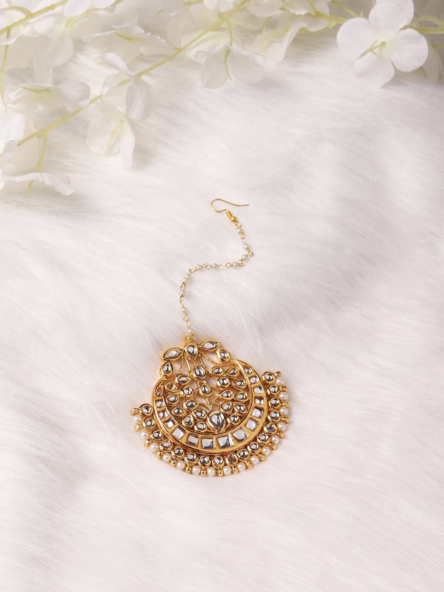 Gold-Polished White Kundan-Studded Maang Tikka - Ruby Raang