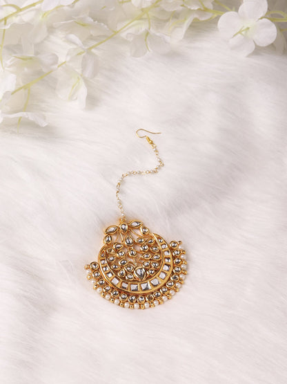 Gold-Polished White Kundan-Studded Maang Tikka - Ruby Raang