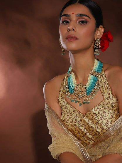Gold-Polished Blue White Kundan Studded Beaded Jewellery Set - Ruby Raang
