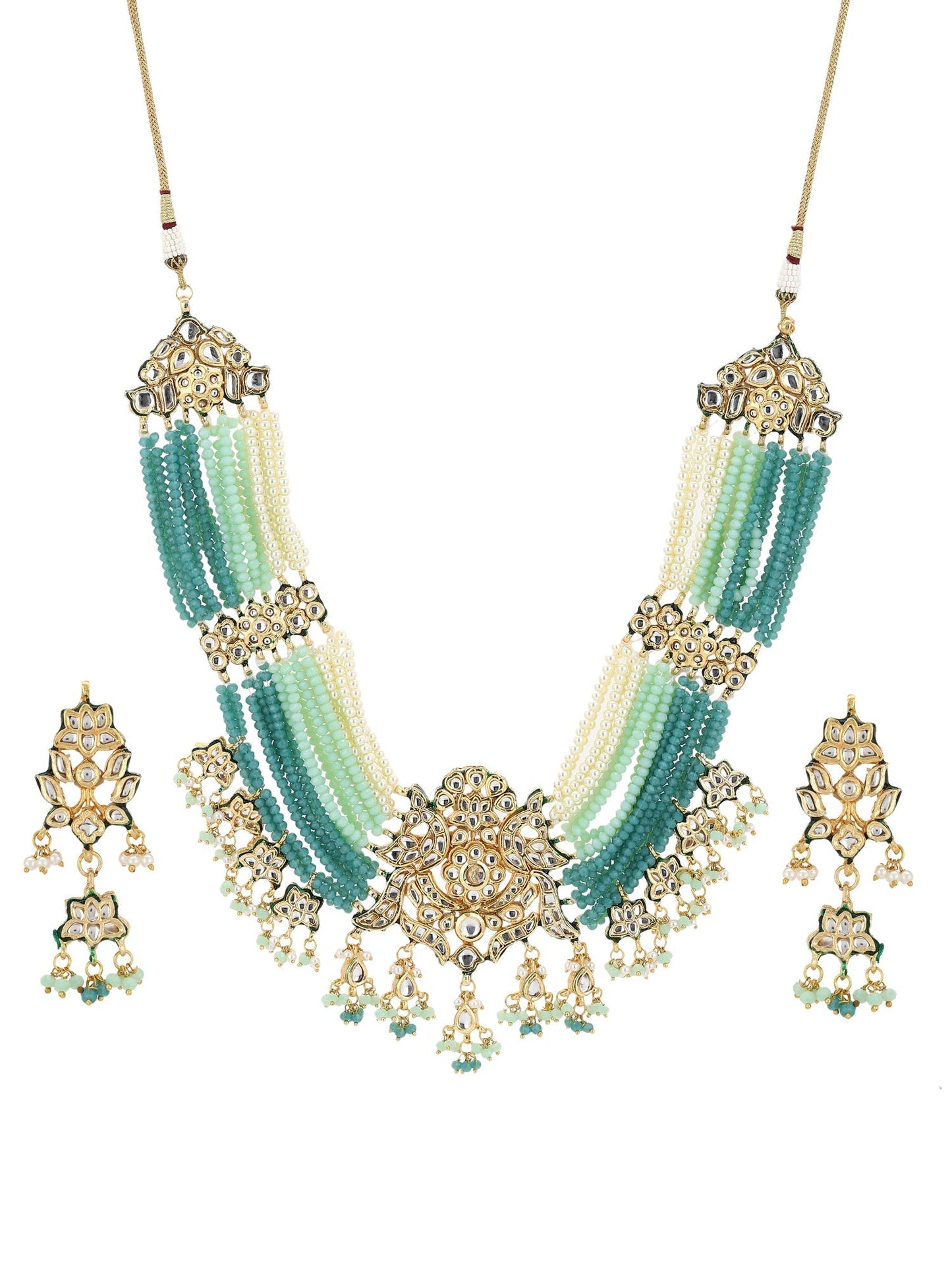 Gold-Polished Blue White Kundan Studded Beaded Jewellery Set - Ruby Raang