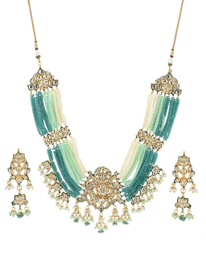 Gold-Polished Blue White Kundan Studded Beaded Jewellery Set - Ruby Raang