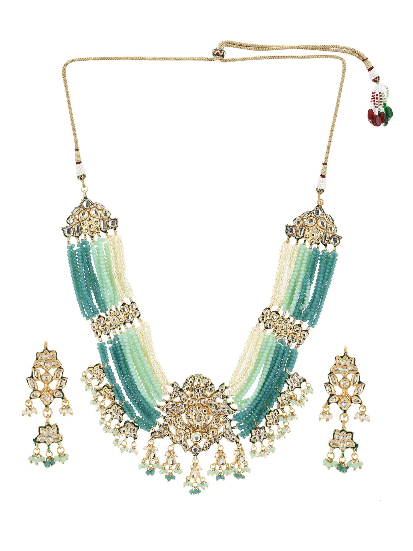 Gold-Polished Blue White Kundan Studded Beaded Jewellery Set - Ruby Raang