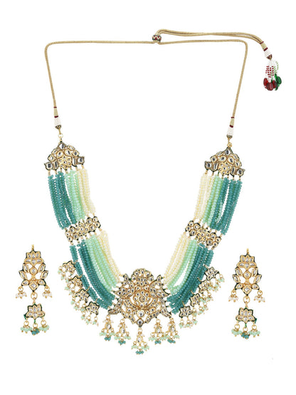 Gold-Polished Blue White Kundan Studded Beaded Jewellery Set - Ruby Raang
