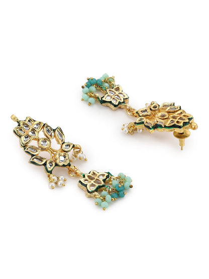 Gold-Polished Blue White Kundan Studded Beaded Jewellery Set - Ruby Raang