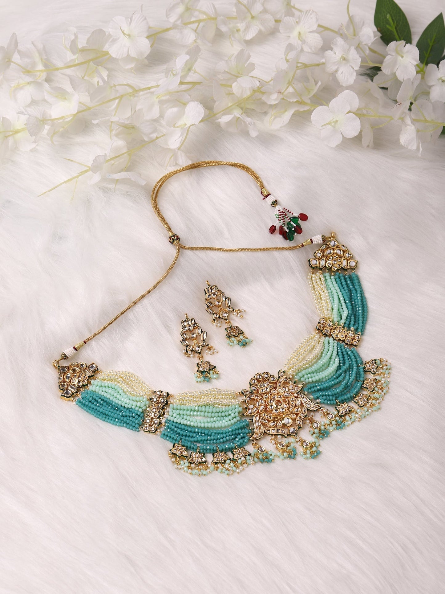 Gold-Polished Blue White Kundan Studded Beaded Jewellery Set - Ruby Raang