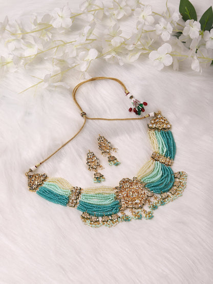 Gold-Polished Blue White Kundan Studded Beaded Jewellery Set - Ruby Raang