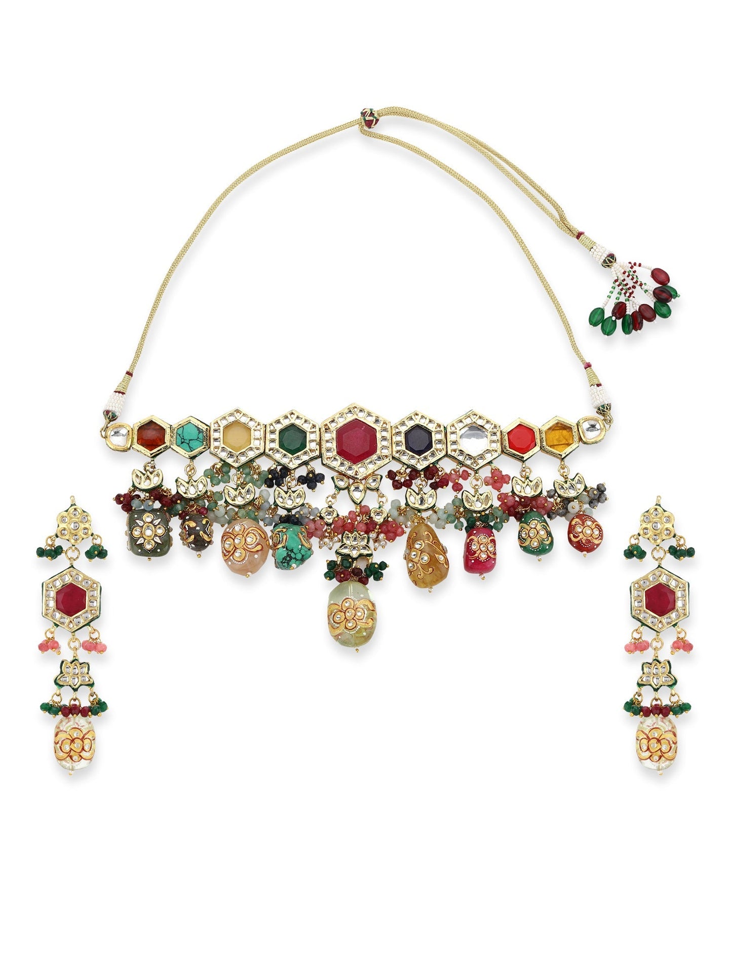 Gold-Polished Multicolored Kundan-Studded Beaded Jewellery Set - Ruby Raang